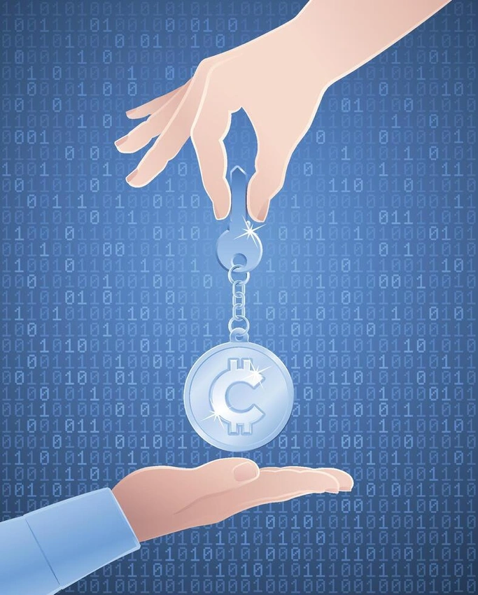 Hands exchanging a digital token or coin, abstract representation of value and knowledge, secure exchange, intellectual property.