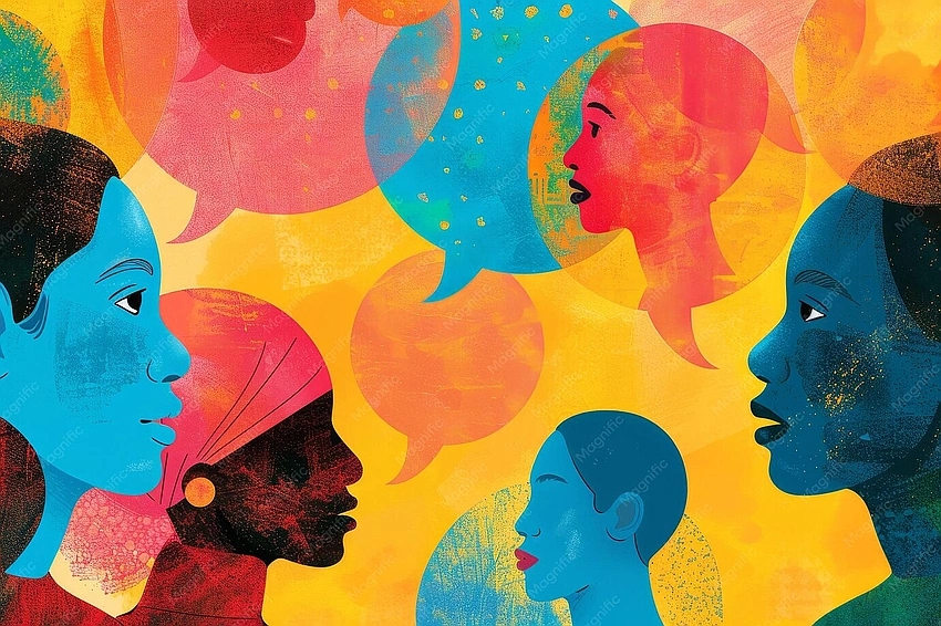 Diverse group of people engaged in thoughtful discussion, with light radiating from their heads, abstract, community of thought, Pexels photo.