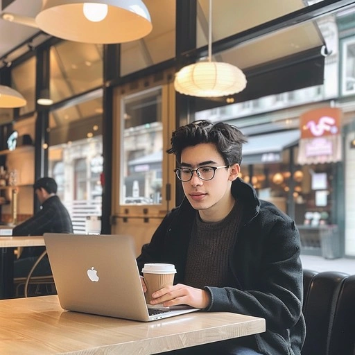 A person typing intently on a laptop in a minimalist, aesthetic cafe, with a subtle glow around the screen, intellectual, modern.