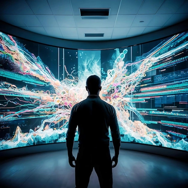 A person silhouetted against a bright screen, surrounded by abstract thought bubbles and light, introspection, digital thought.