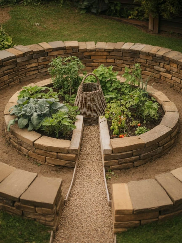 aesthetic keyhole garden design with herbs