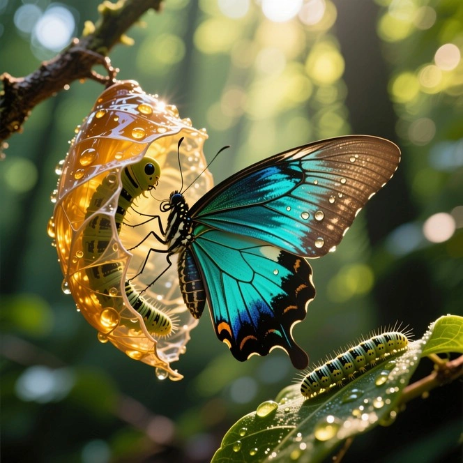 Butterfly emerging from chrysalis, transformation