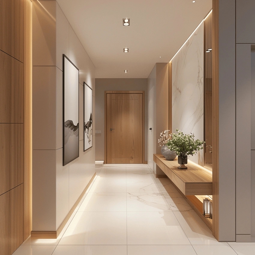 bright hallway interior design, clear circulation path, modern home