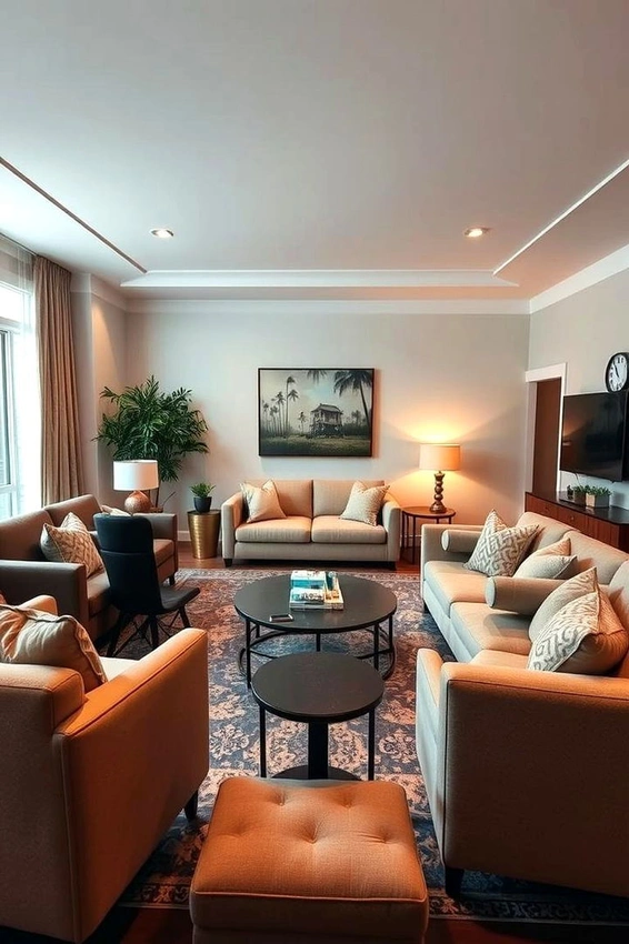 cozy living room layout, comfortable sofa spacing, well-arranged seating