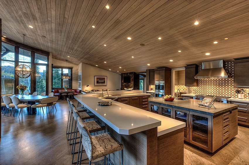 spacious modern kitchen island, ample walkway around, ergonomic kitchen layout