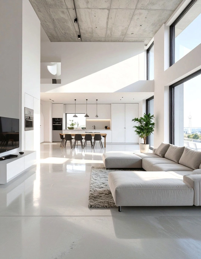 modern minimalist home interior, person moving freely, open concept living