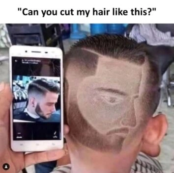 Bad haircut selfie meme, phone with ex text bubble over it