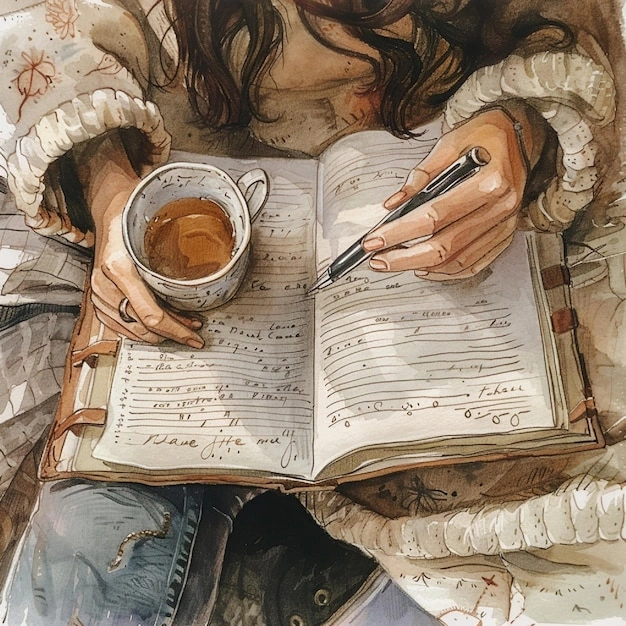 Woman journaling and sipping tea, cozy aesthetic, self-care