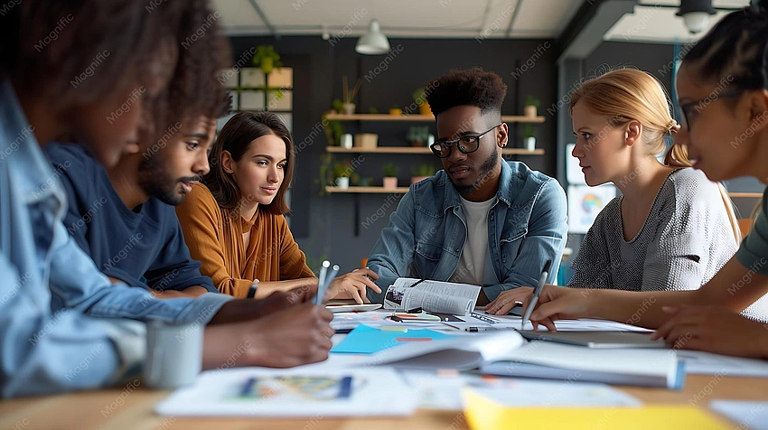 diverse group of young professionals collaborating on a startup idea