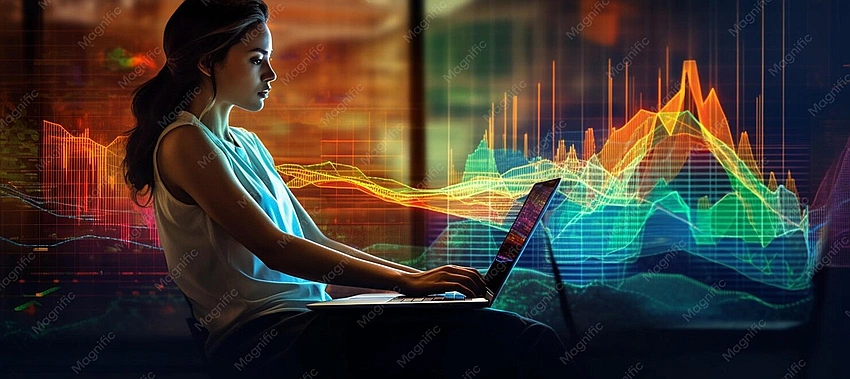 young woman confidently looking at a financial dashboard on a laptop, sunrise background
