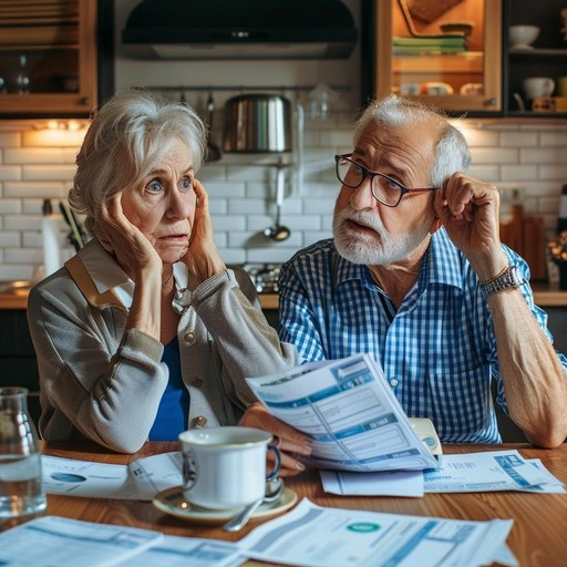 elderly couple discussing finances with concerned expressions