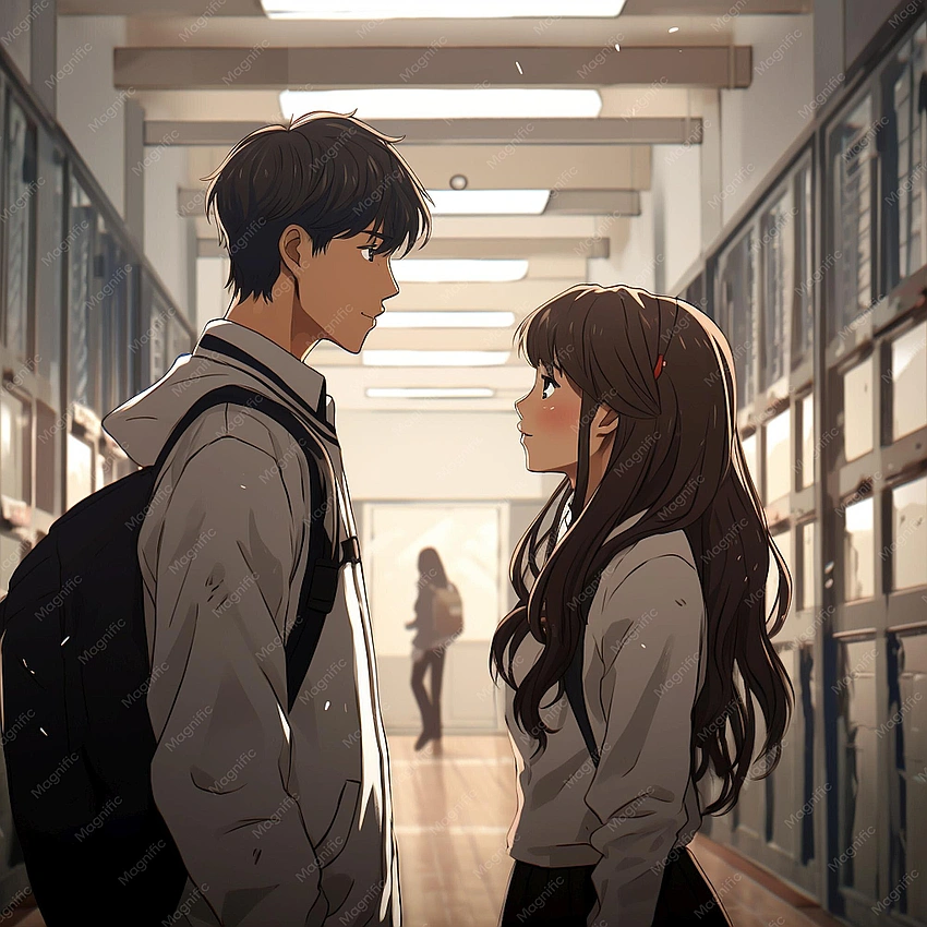 Teenagers secretly looking at each other, shy smiles, first crush