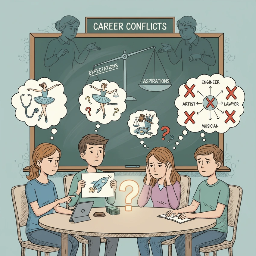 Teenager looking stressed at crossroads, parental shadows, career choices
