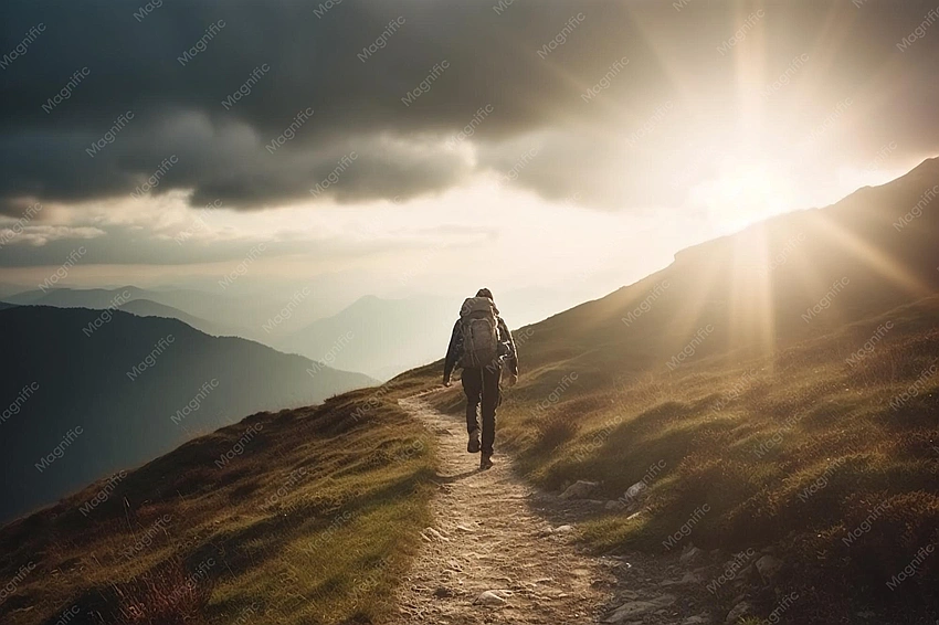 Person walking confidently on a scenic path, sun shining, embracing freedom, self-discovery journey