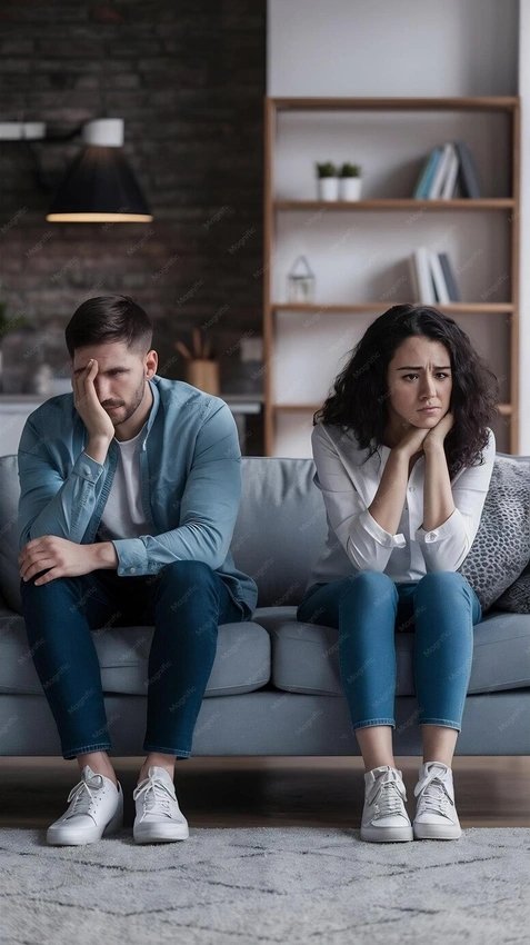 Couple sitting apart on a couch, distant, family photos on wall, relationship regret