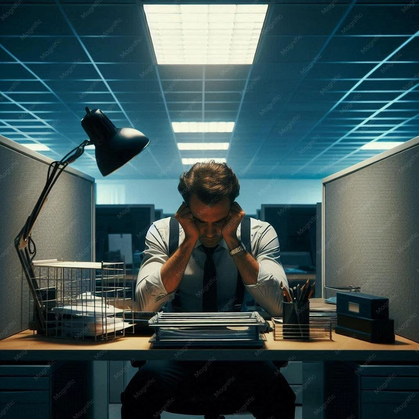 Young adult looking unhappy in office cubicle, dream job poster in background