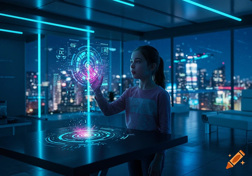 Child interacting with futuristic AI hologram