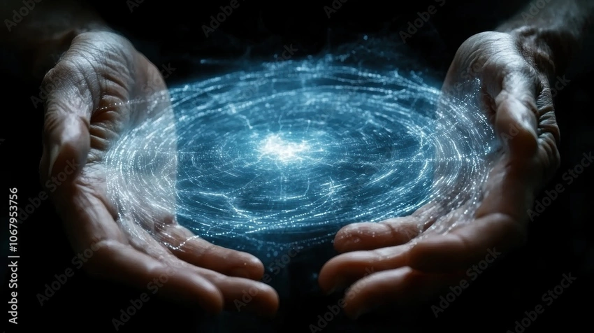 Old hand and young hand reaching towards a glowing digital sphere, symbolizing connection