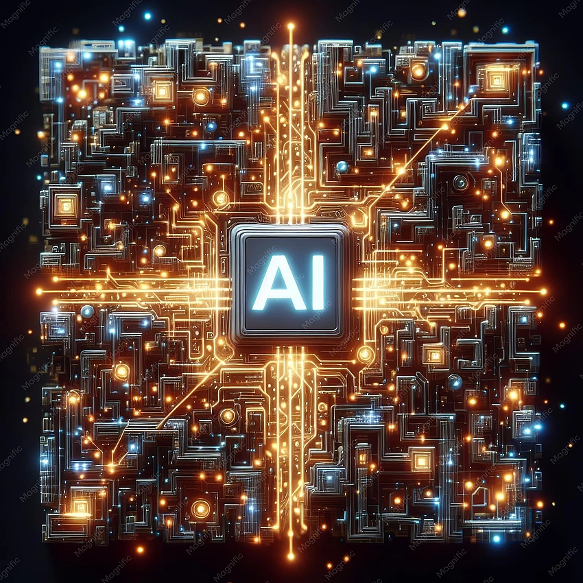 Diverse data points converging into a single glowing AI symbol