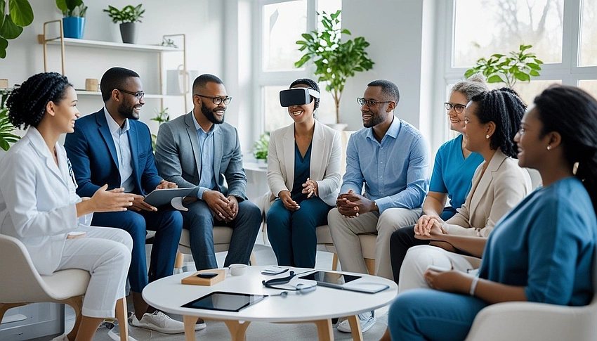 Accessible mental health care, diverse people using phones, virtual support group