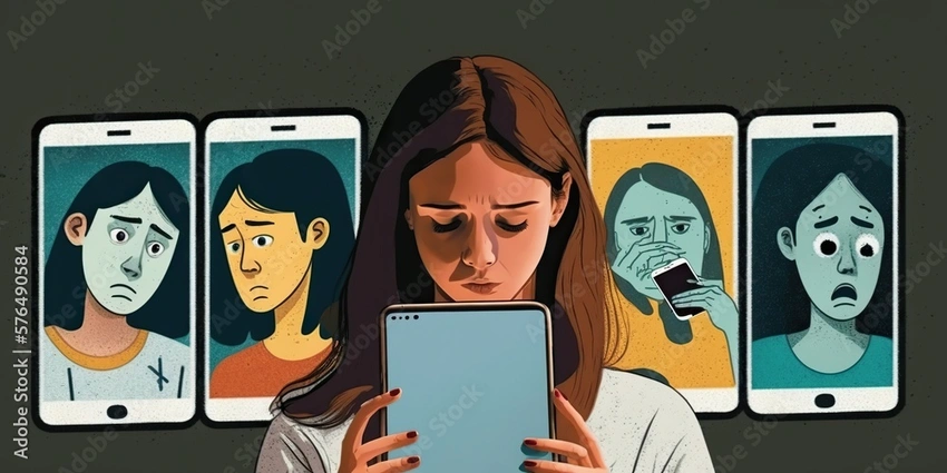 Isolated person looking at a phone, complex emotions, digital limitation illustration