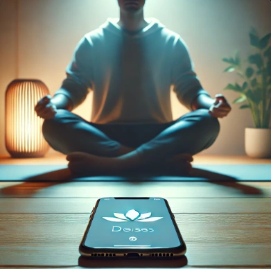 Smartphone meditation, digital mindfulness, person using a mental health app