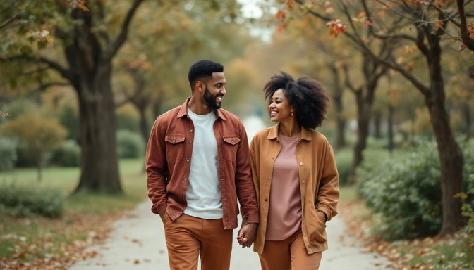 couple with complementary styles walking outdoors