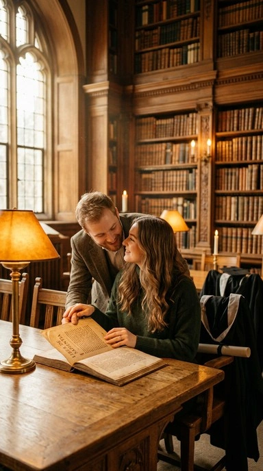 couple reading books in vintage library setting