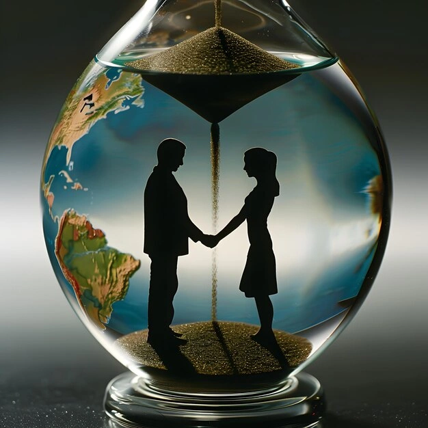 Hourglass with sand flowing, couple in background out of focus