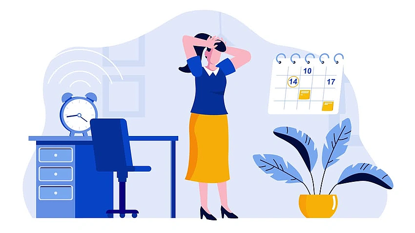 frustrated woman looking at calendar, procrastination concept