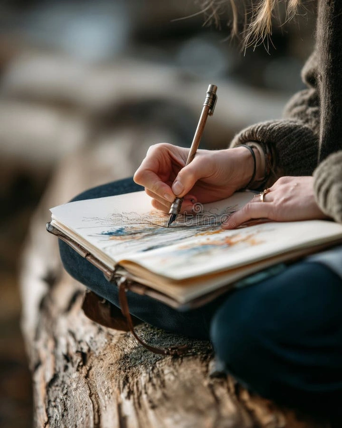 'person drawing in sketchbook outdoors, slow living, intentional hobbies, anti-productivity'