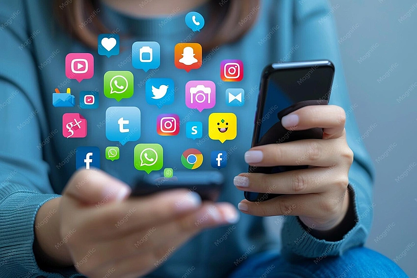 Young person using social media for business, phone