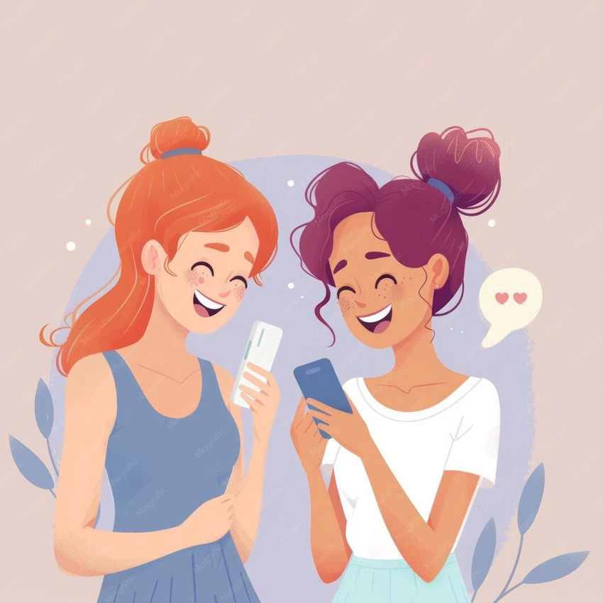 two friends laughing, platonic greeting, calm text message screen