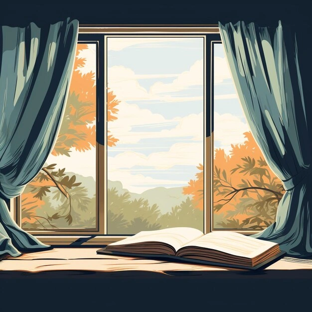 Open book on window sill, deep thought pensive teen, discussion forum icon