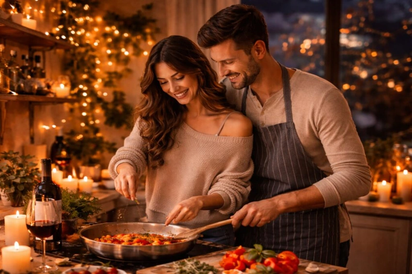 Couple cooking together at home, cozy date night