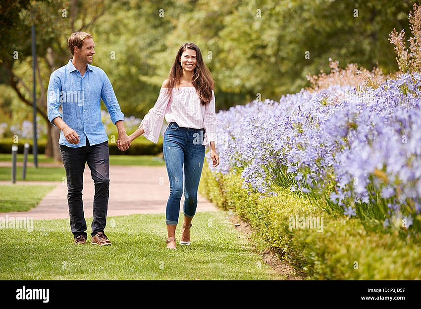 Couple holding hands, walking in a park, serene moment