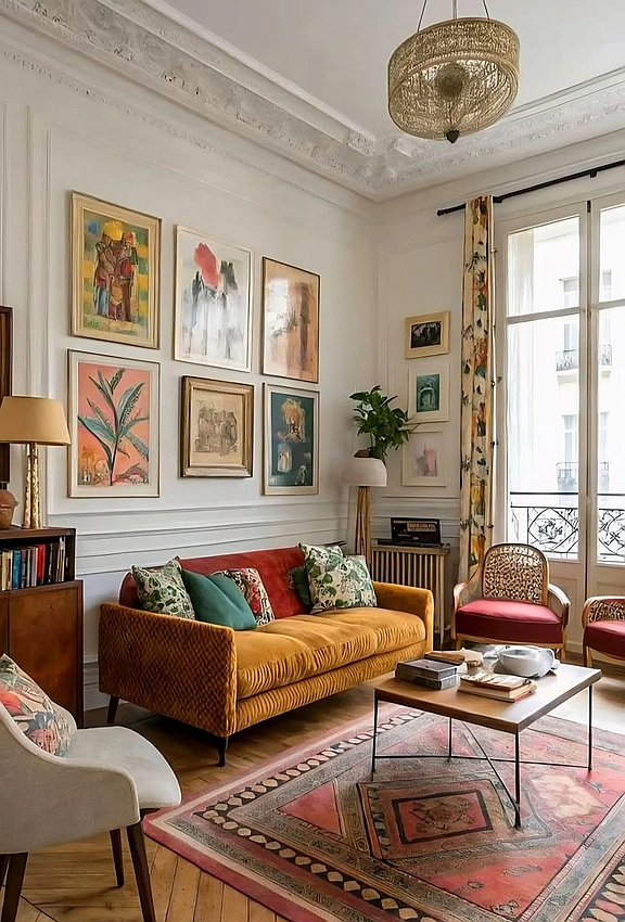 eclectic parisian chic living room, grandmillennial decor