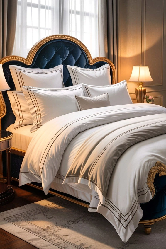 luxurious boutique hotel bedroom, layered bedding neutral tones