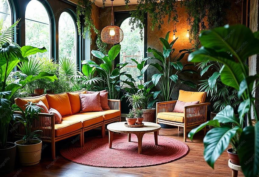 indoor jungle living room, biophilic design