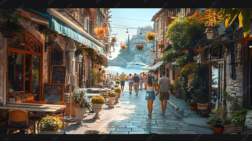Women exploring a colorful historic town by the sea, cultural trip
