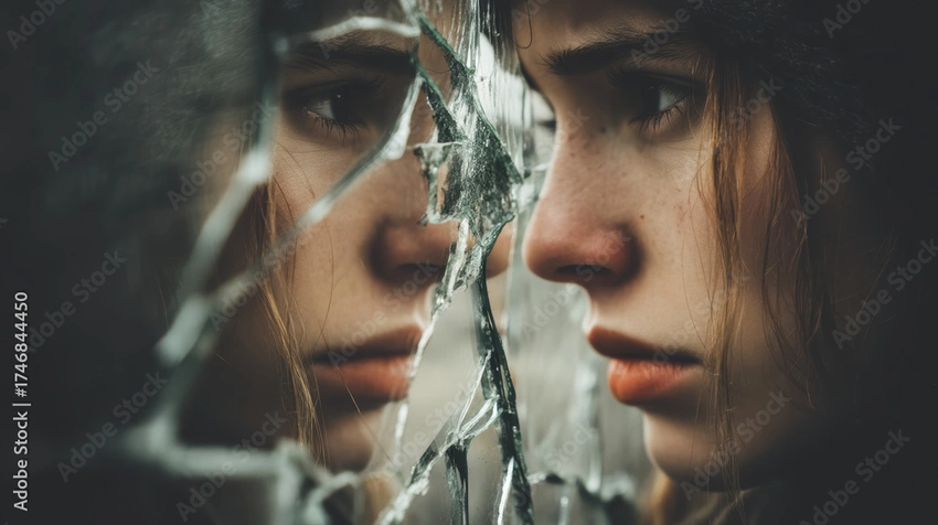Broken mirror reflection sad
