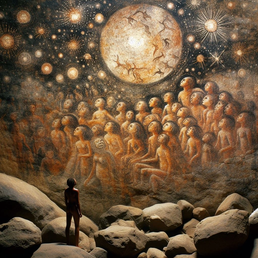 Ancient cave art, starlit sky, diverse faces, existential reflection