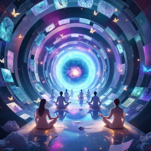 Digital meditation, diverse people on laptops, community forum, modern spirituality