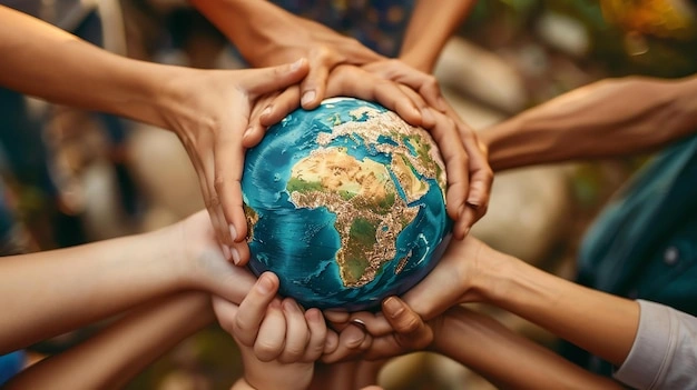 Young person meditating outdoors, diverse group protesting, hands holding earth, personalized spiritual symbols