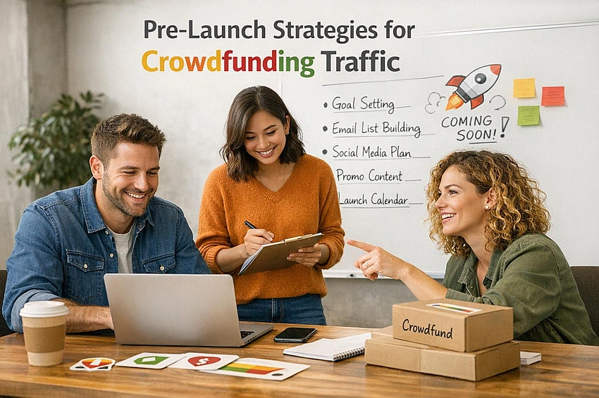 Crowdfunding success, enthusiastic crowd, pre-order graphic, product launch excitement