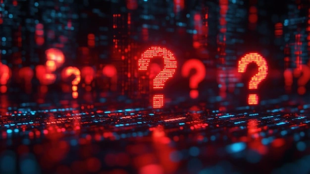 AI algorithm visual, data streams, questioning marks