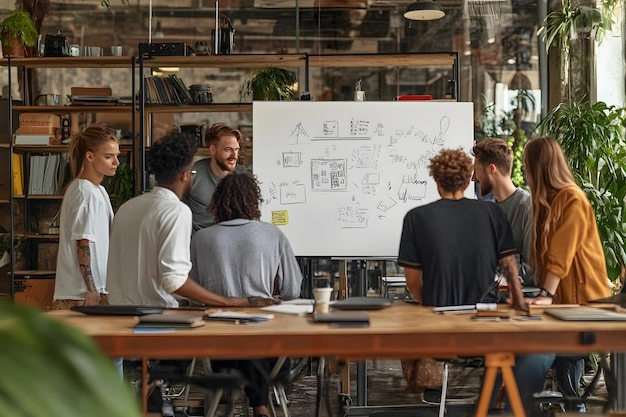 Diverse team discussing AI ethics, whiteboard, reflective mood
