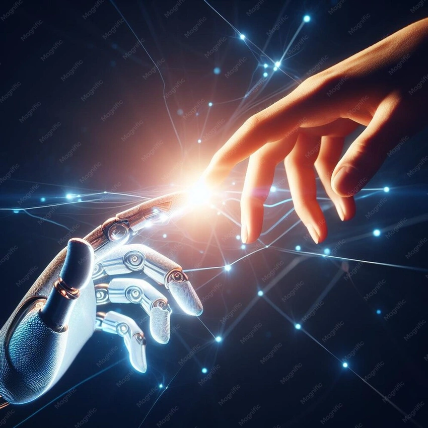 Human hand and AI hand touching, reflection, ethical AI concept