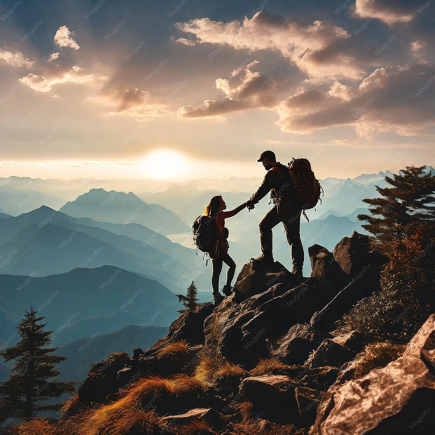 Happy couple on a mountain top, metaphorical achievement, romantic