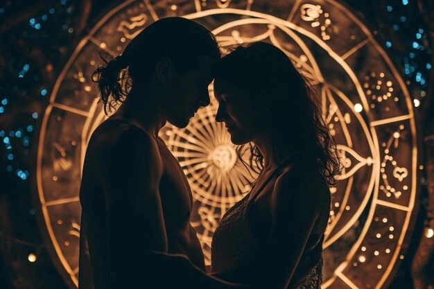 Woman looking intently at a mysterious man, playful astrology vibe